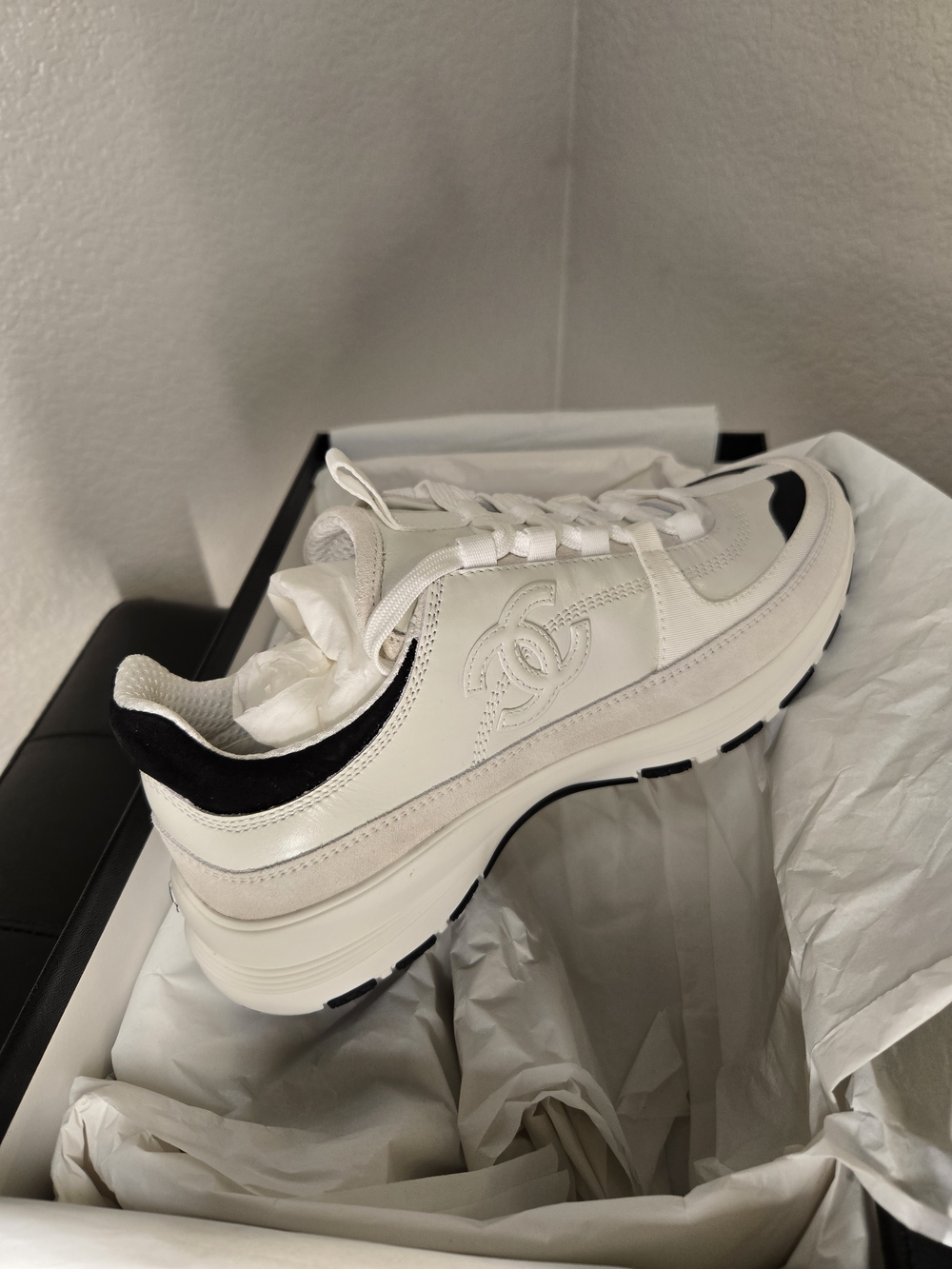 Chanel White and Black Leather Platform Sneaker